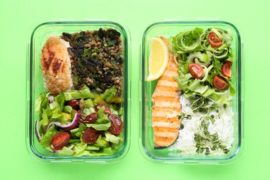 Photo of Healthy food. Different meals in glass containers on green background, top view