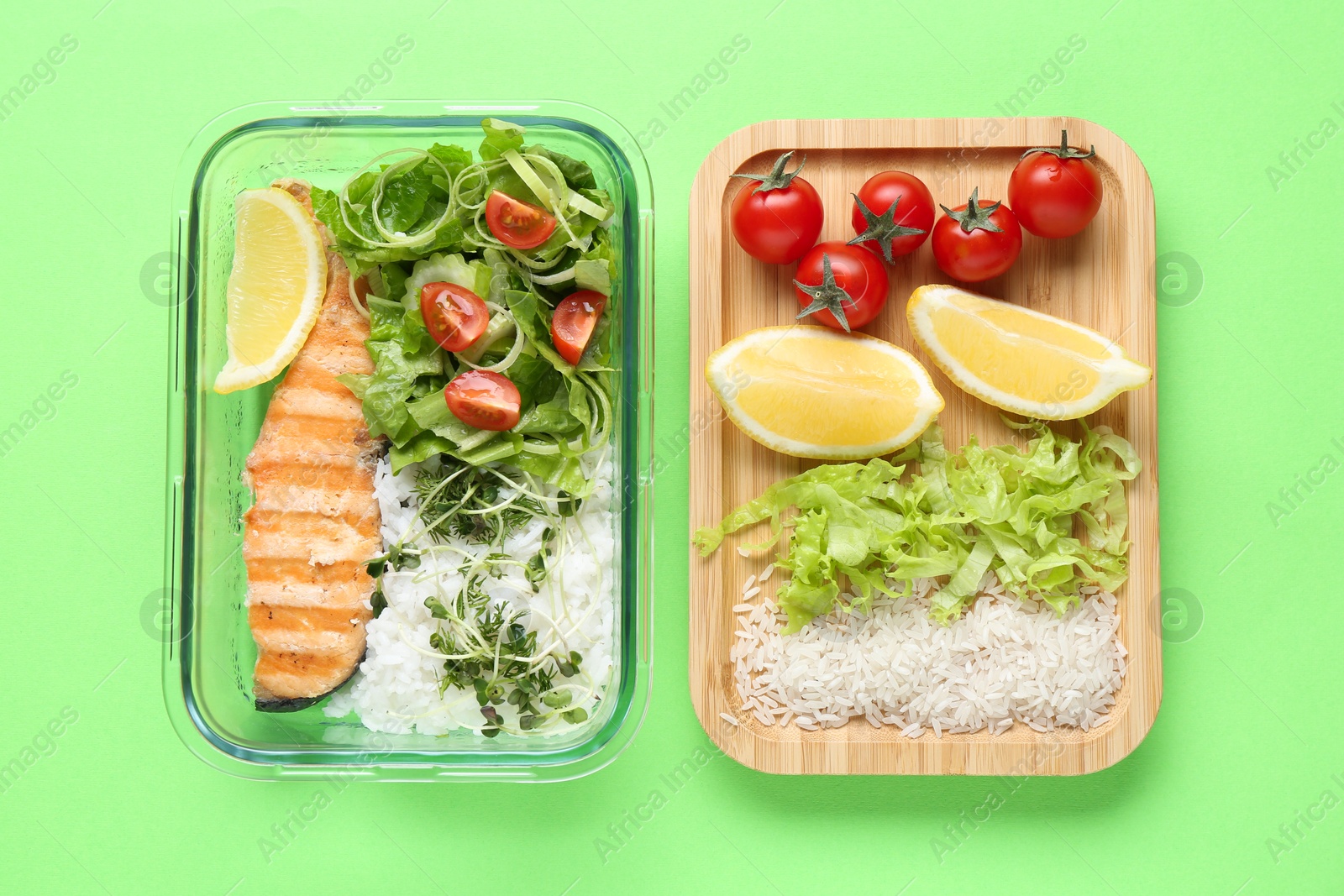 Photo of Healthy meal. Different fresh products on green background, top view
