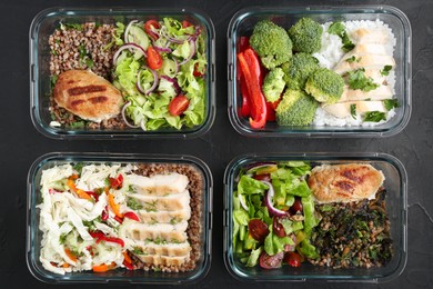 Healthy food. Different meals in glass containers on black table, flat lay