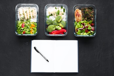 Photo of Healthy food. Open notebook, pen and different meals on black table, flat lay