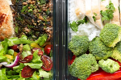 Photo of Healthy food. Different meals in glass containers on table, top view