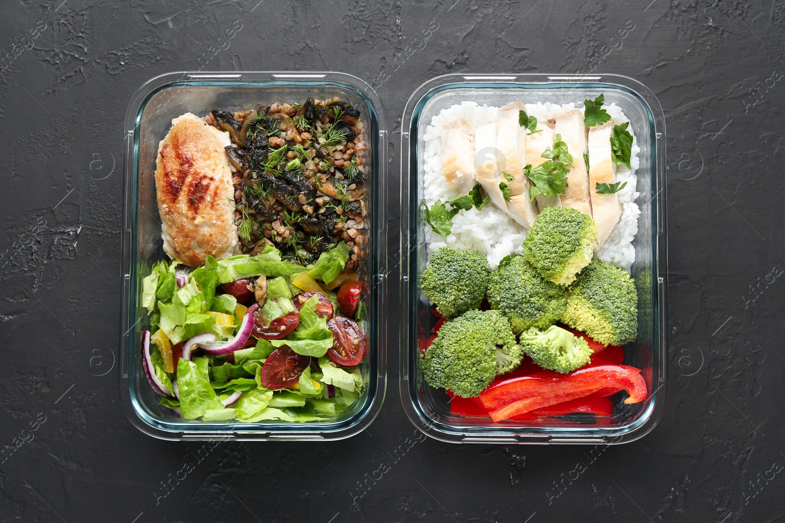 Photo of Healthy food. Different meals in glass containers on black table, top view