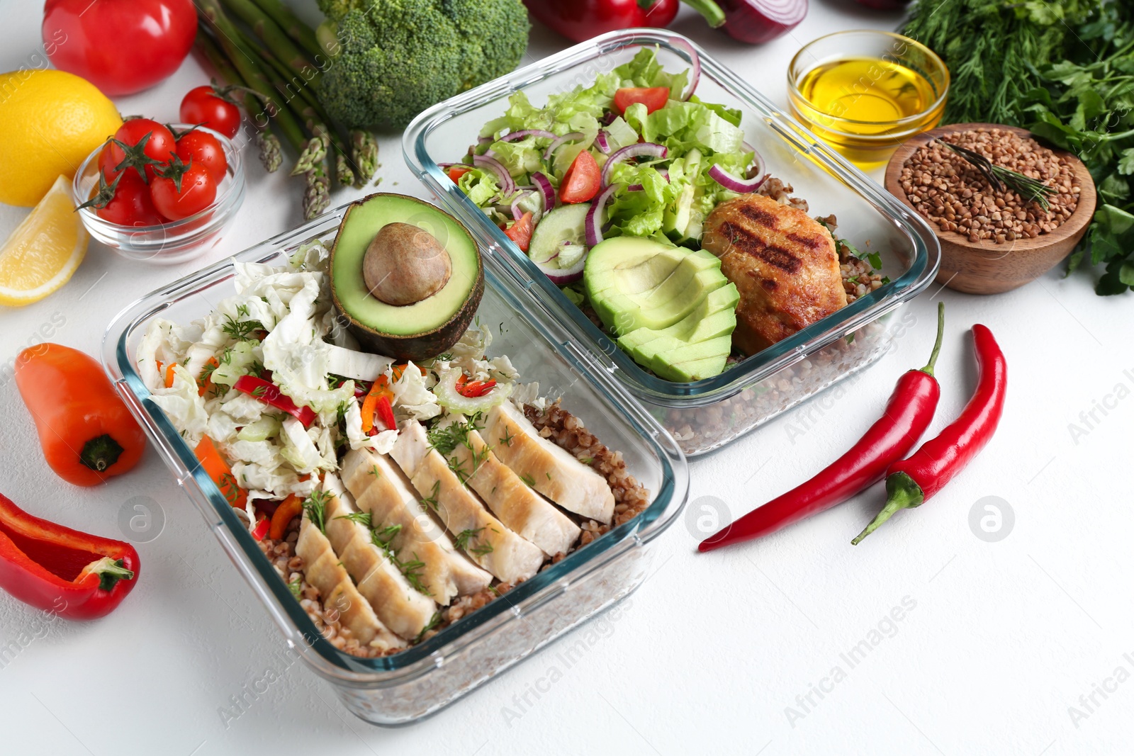 Photo of Healthy diet. Different meals in glass containers and products on white background
