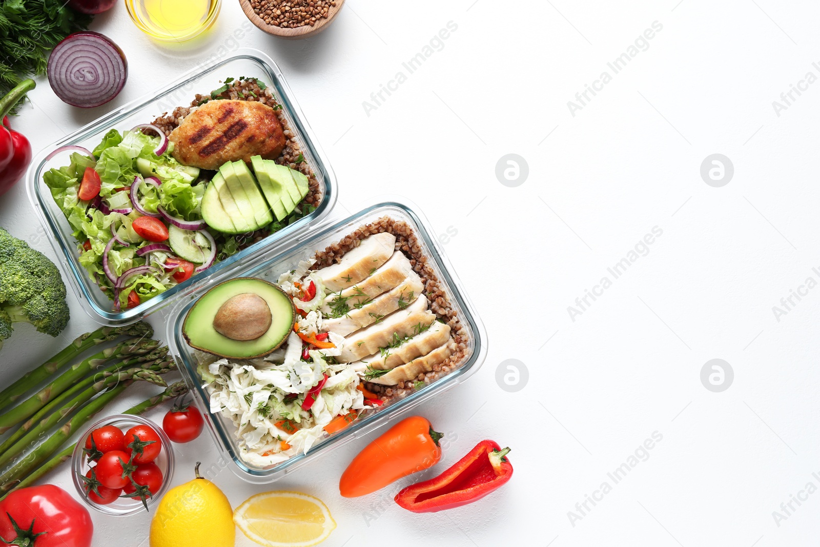 Photo of Healthy diet. Different meals in glass containers and products on white background, flat lay. Space for text