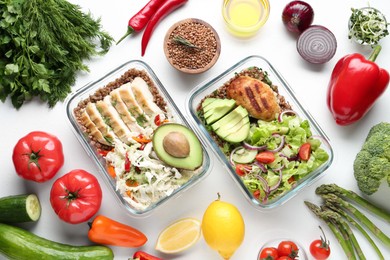 Photo of Healthy diet. Different meals in glass containers and products on white background, flat lay