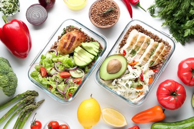 Photo of Healthy diet. Different meals in glass containers and products on white background, flat lay