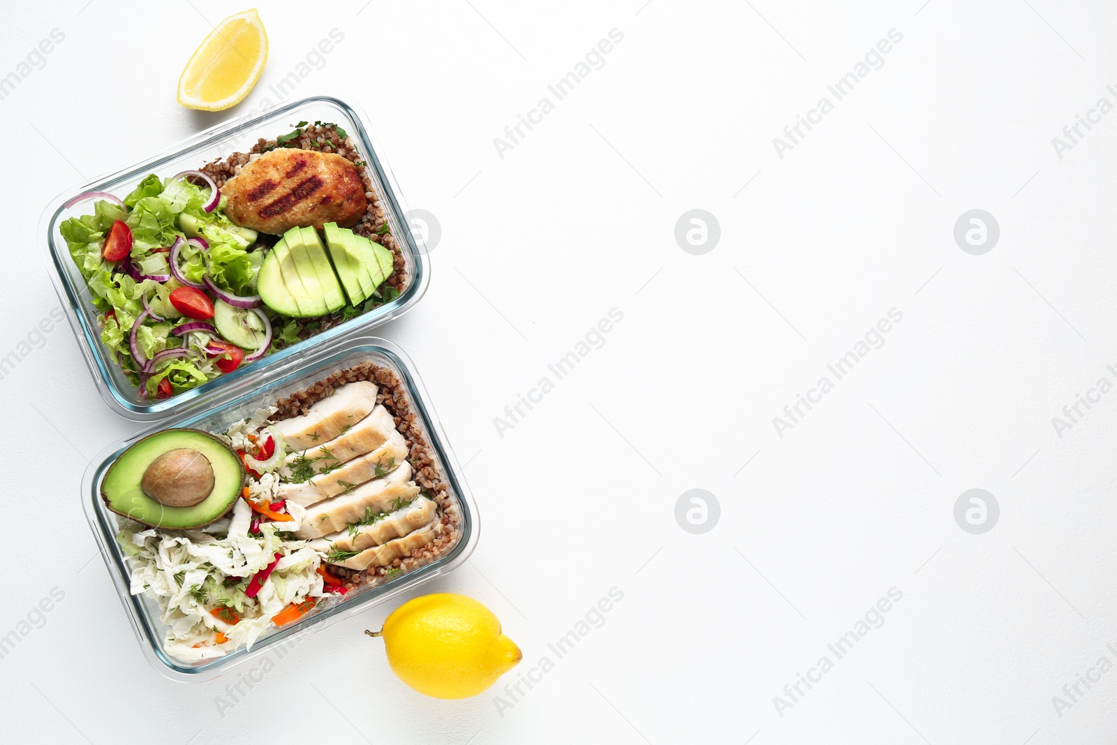 Photo of Healthy meal. Different products on white background, flat lay. Space for text
