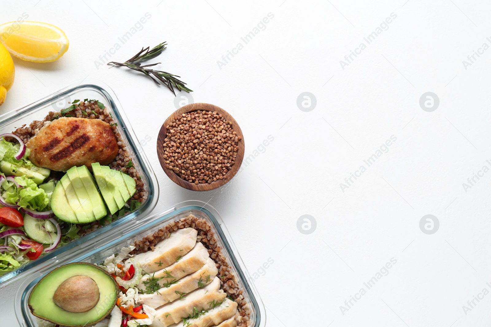 Photo of Healthy meal. Different products on white background, flat lay. Space for text