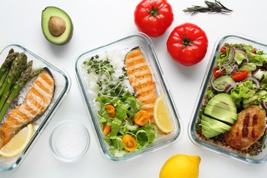 Photo of Healthy meal. Different products on white background, flat lay