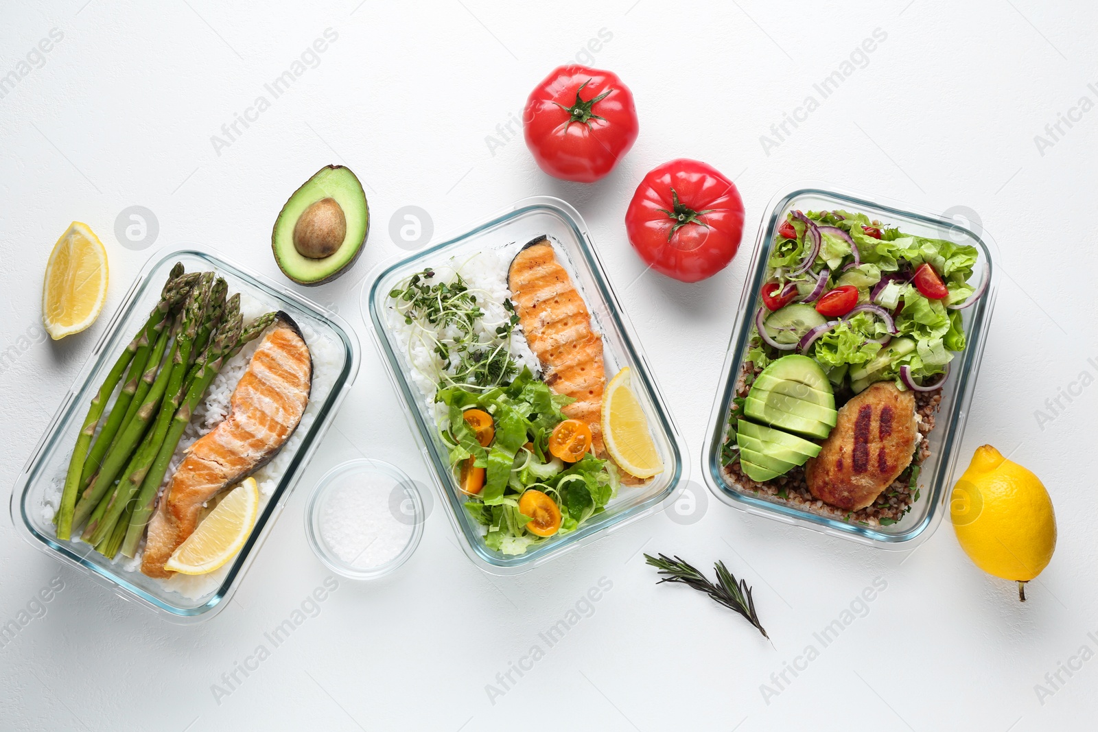 Photo of Healthy meal. Different products on white background, flat lay