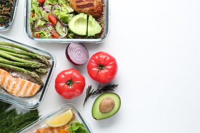 Healthy meal. Different products on white background, flat lay. Space for text