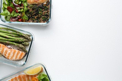 Healthy food. Different meals in glass containers on white background, flat lay. Space for text