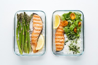 Healthy food. Different meals in glass containers on white background, top view