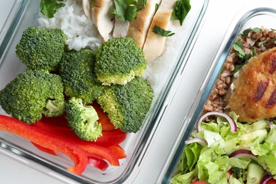 Healthy food. Different meals in glass containers on white background, top view