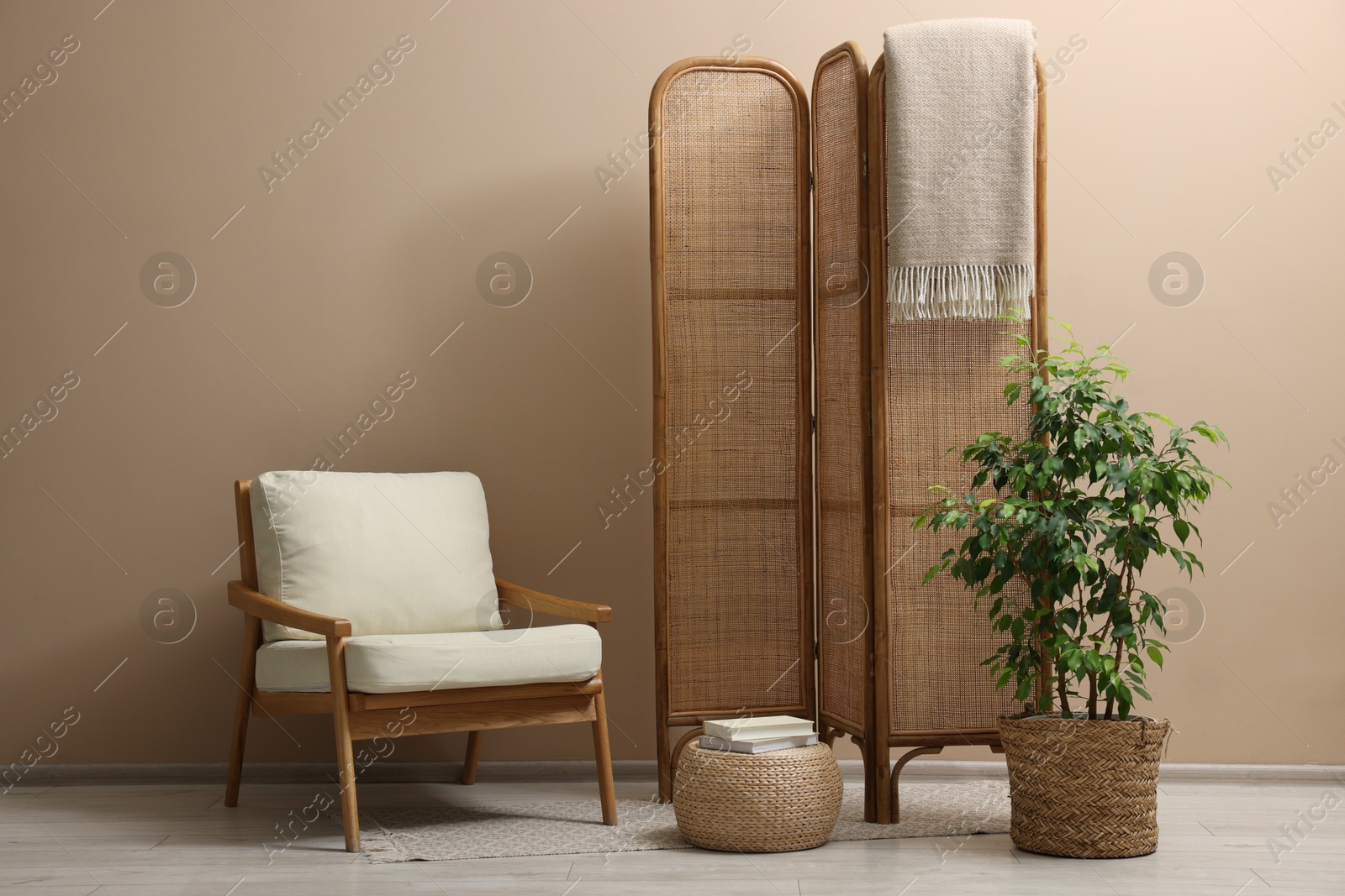 Photo of Folding screen, blanket, armchair and green houseplant near beige wall indoors