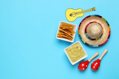 Photo of Mexican sombrero hat, guacamole, nachos chips, maracas and paper guitar on light blue background, flat lay. Space for text