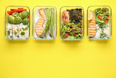 Photo of Healthy food. Different meals in glass containers on yellow background, flat lay. Space for text