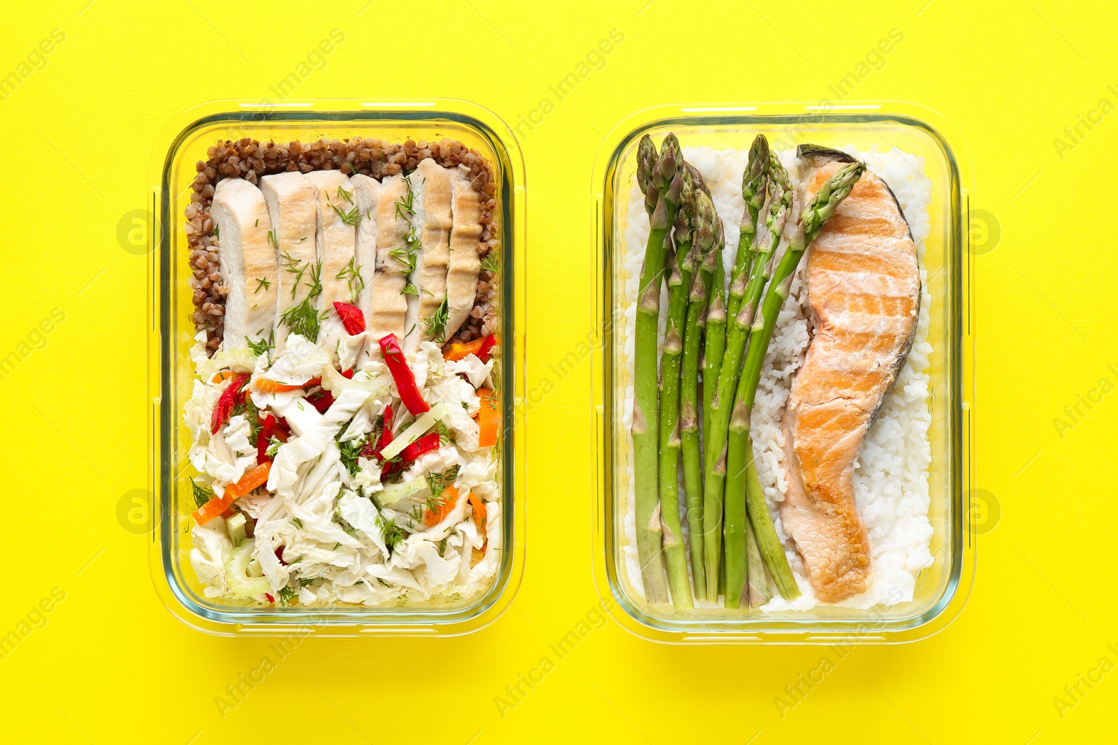 Photo of Healthy food. Different meals in glass containers on yellow background, top view