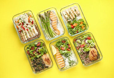 Healthy food. Different meals in glass containers on yellow background, flat lay