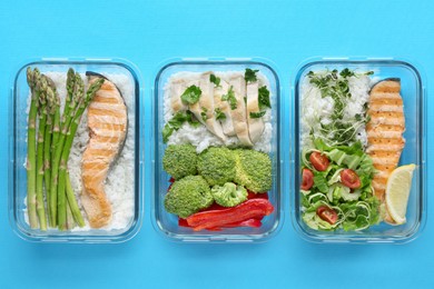 Photo of Healthy food. Different meals in glass containers on light blue background, flat lay
