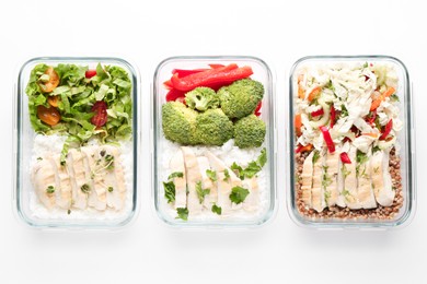 Photo of Healthy food. Different meals in glass containers on white background, flat lay