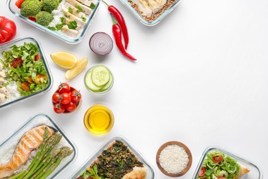Photo of Healthy diet. Different meals in glass containers and ingredients on white background, flat lay. Space for text