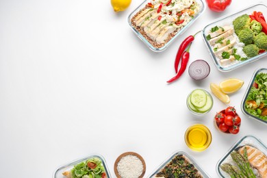 Photo of Healthy diet. Different meals in glass containers and ingredients on white background, flat lay. Space for text