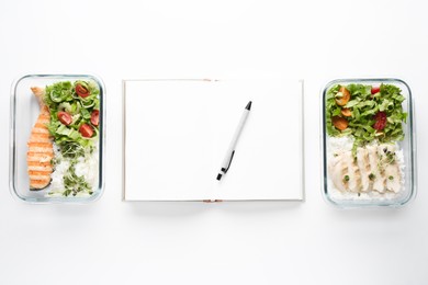Healthy food. Open notebook, pen and different meals on white background, flat lay