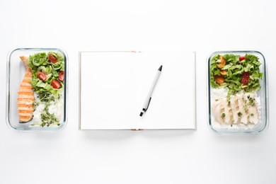 Photo of Healthy food. Open notebook, pen and different meals on white background, flat lay