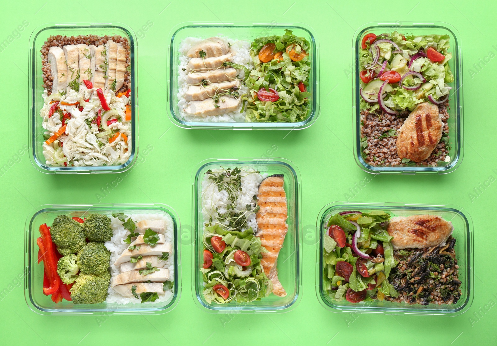 Photo of Healthy food. Different meals in glass containers on green background, flat lay