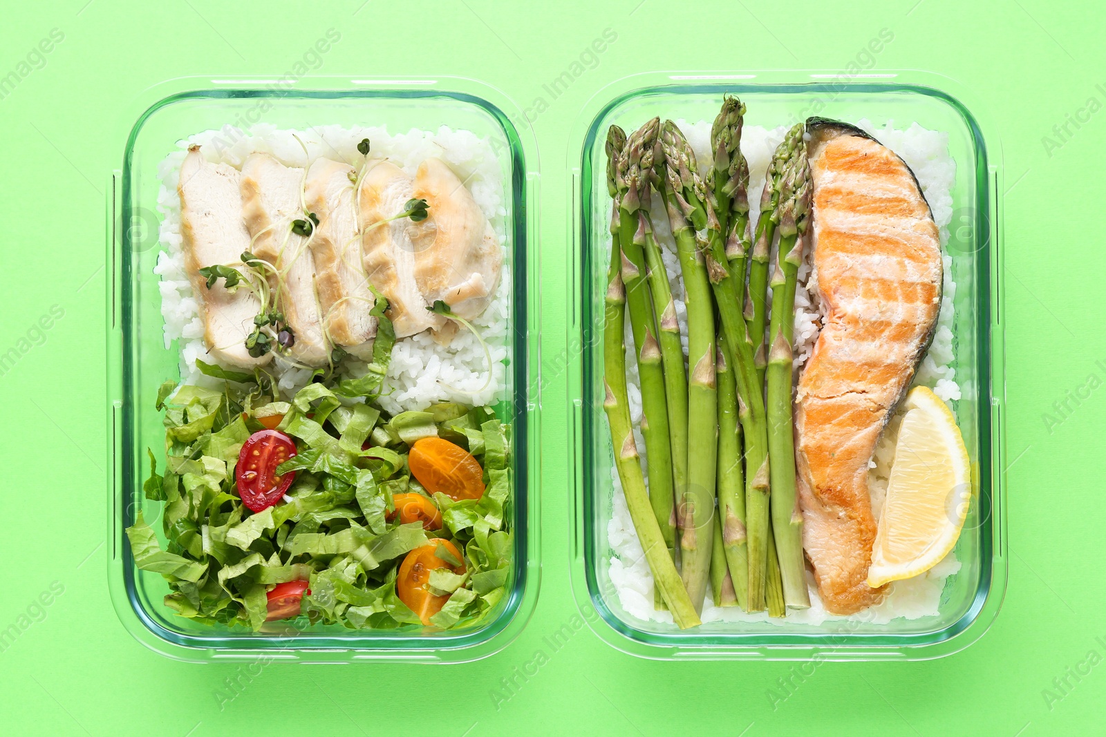 Photo of Healthy food. Different meals in glass containers on green background, top view