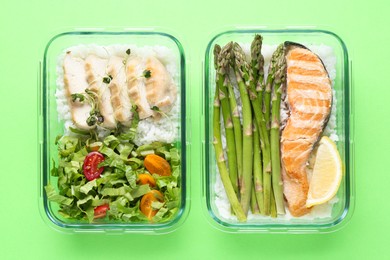 Healthy food. Different meals in glass containers on green background, top view
