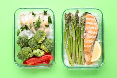 Healthy food. Different meals in glass containers on green background, top view