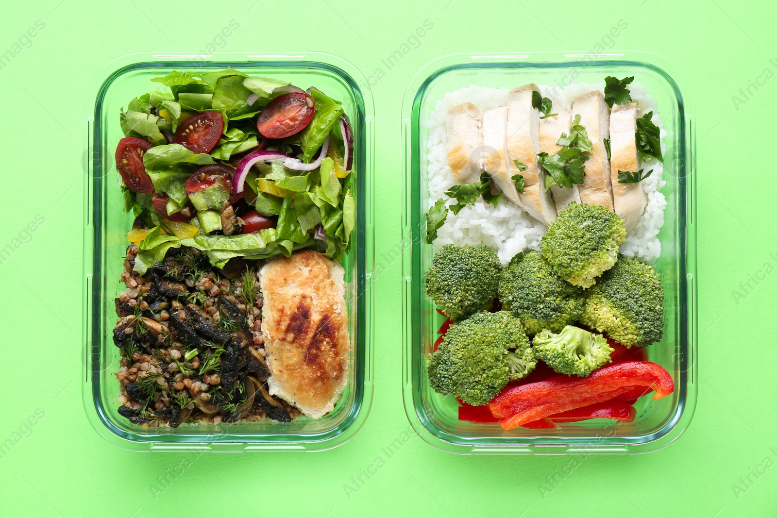 Photo of Healthy food. Different meals in glass containers on green background, top view