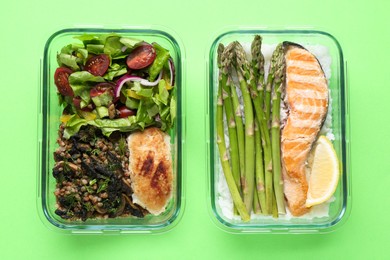 Photo of Healthy food. Different meals in glass containers on green background, top view