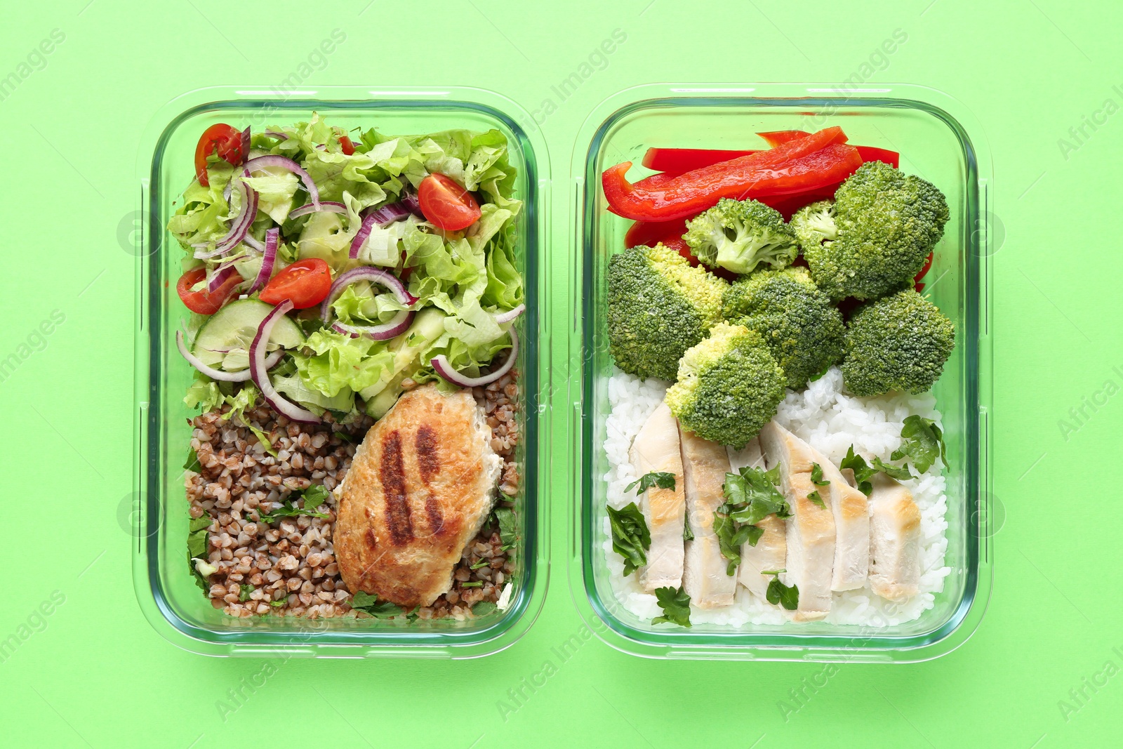 Photo of Healthy food. Different meals in glass containers on green background, top view