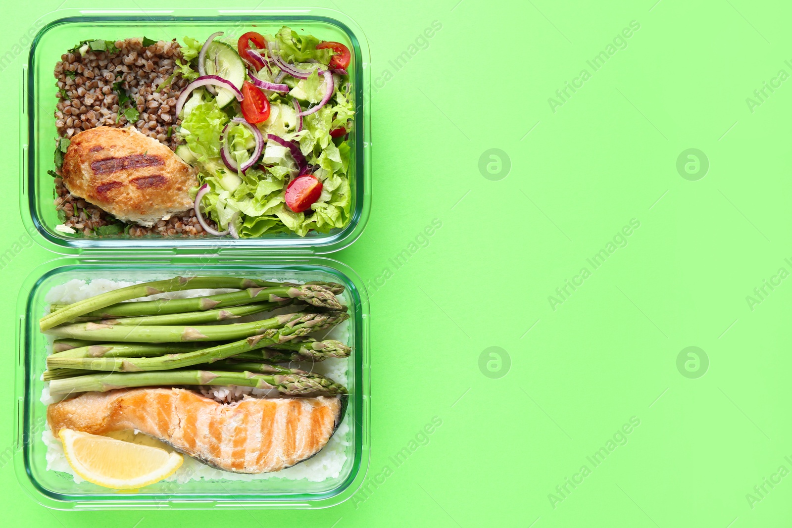 Photo of Healthy food. Different meals in glass containers on green background, top view. Space for text