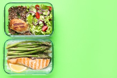 Healthy food. Different meals in glass containers on green background, top view. Space for text