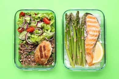 Photo of Healthy food. Different meals in glass containers on green background, top view