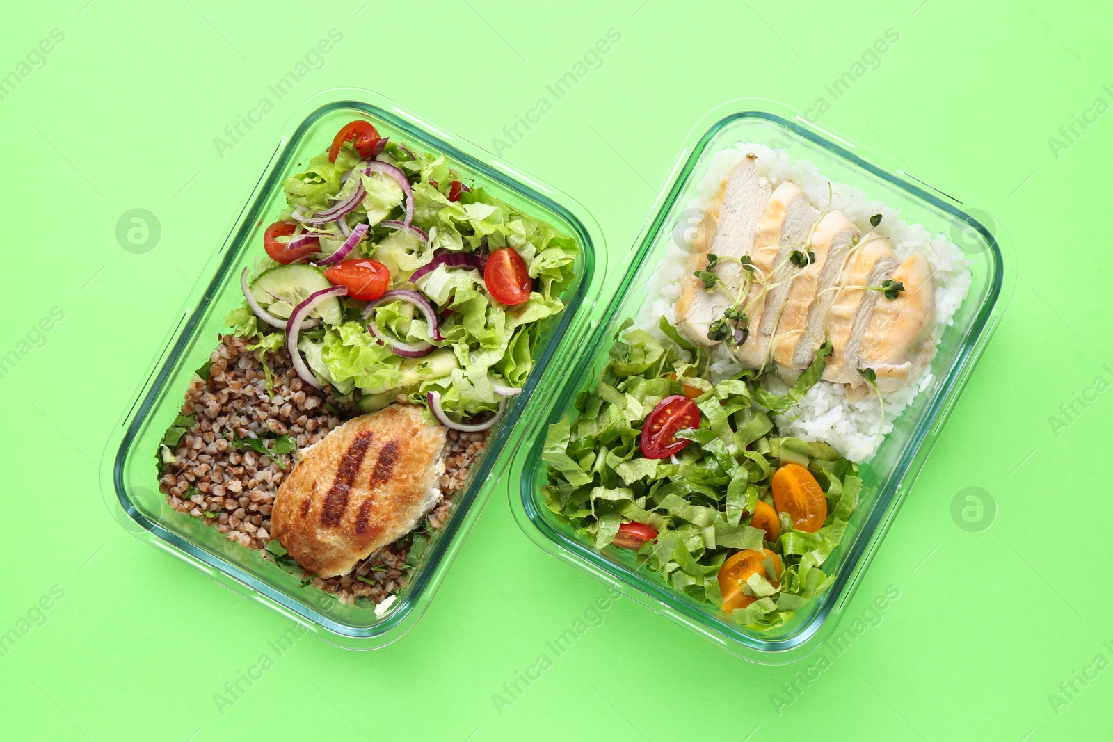 Photo of Healthy food. Different meals in glass containers on green background, top view