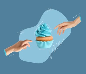 Sweet cupcake between male and female hands on pale blue background. Creative art collage