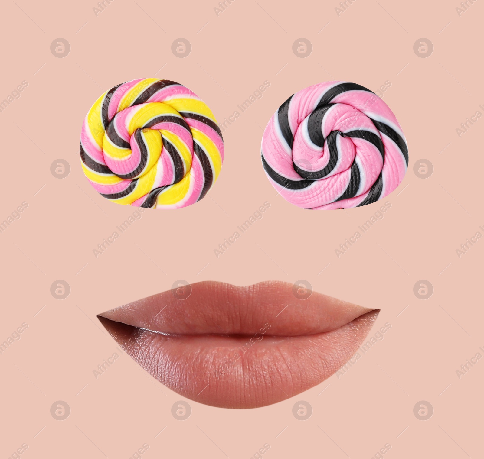 Image of Sweet tooth with candies instead of eyes on beige background. Creative art collage