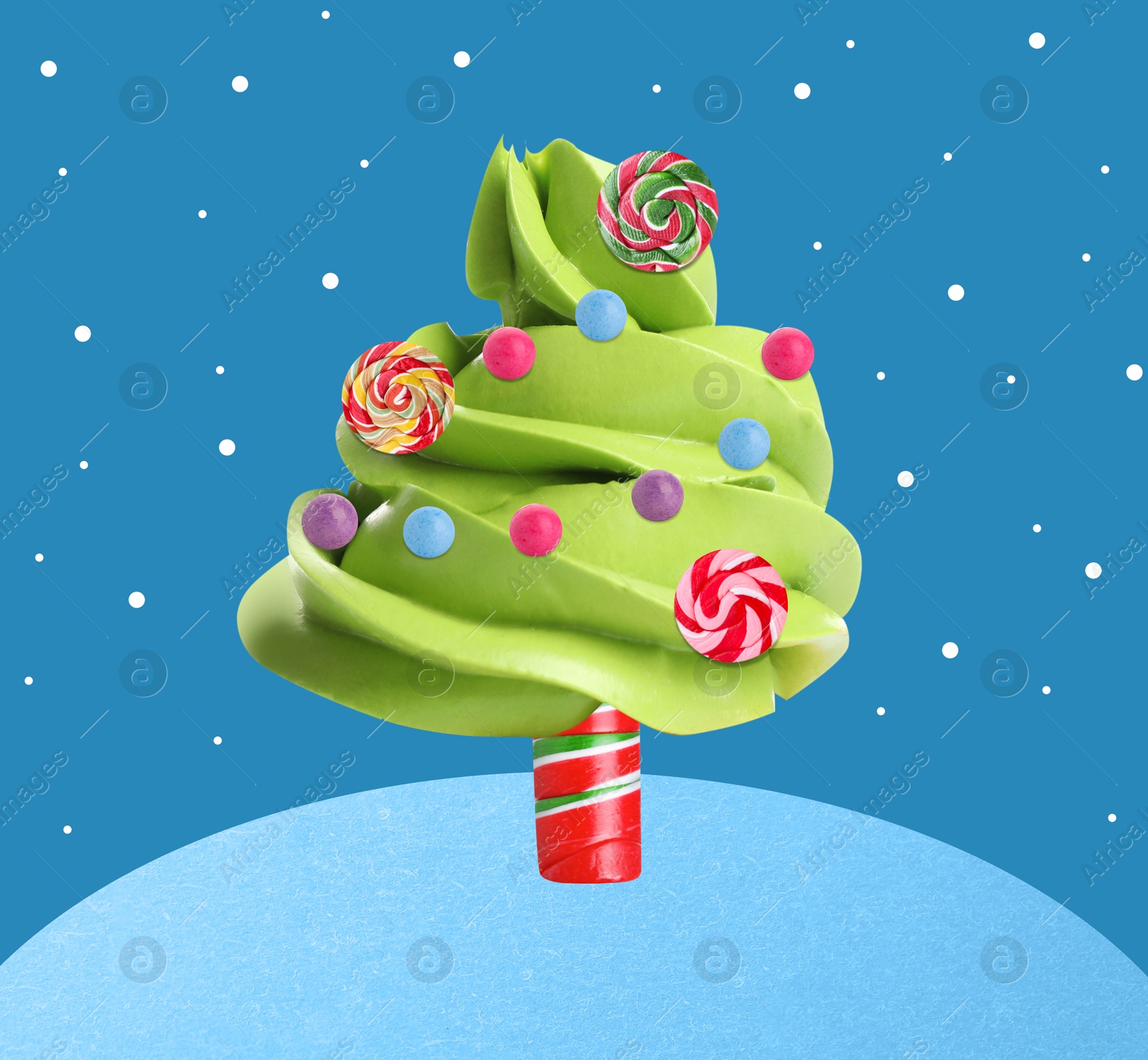 Image of Christmas tree of green cream and sweet candies on blue background with dots as snow. Creative art collage