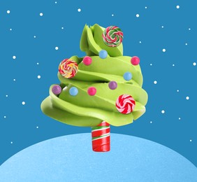 Image of Christmas tree of green cream and sweet candies on blue background with dots as snow. Creative art collage