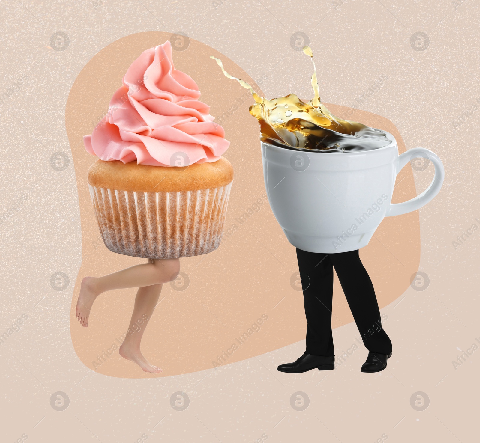 Image of Sweet cupcake girl meeting strong coffee man on beige background. Creative art collage