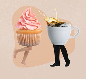 Sweet cupcake girl meeting strong coffee man on beige background. Creative art collage