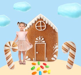 Cute little girl near sweet gingerbread house under sky with cotton candy clouds. Creative art collage