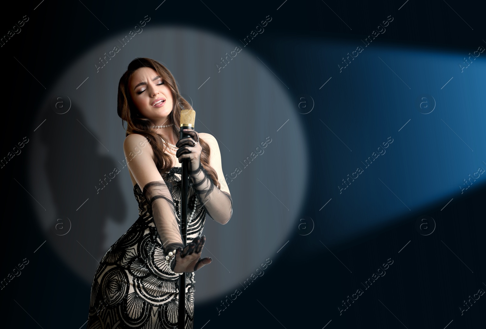 Image of Beautiful singer performing in spotlight on stage