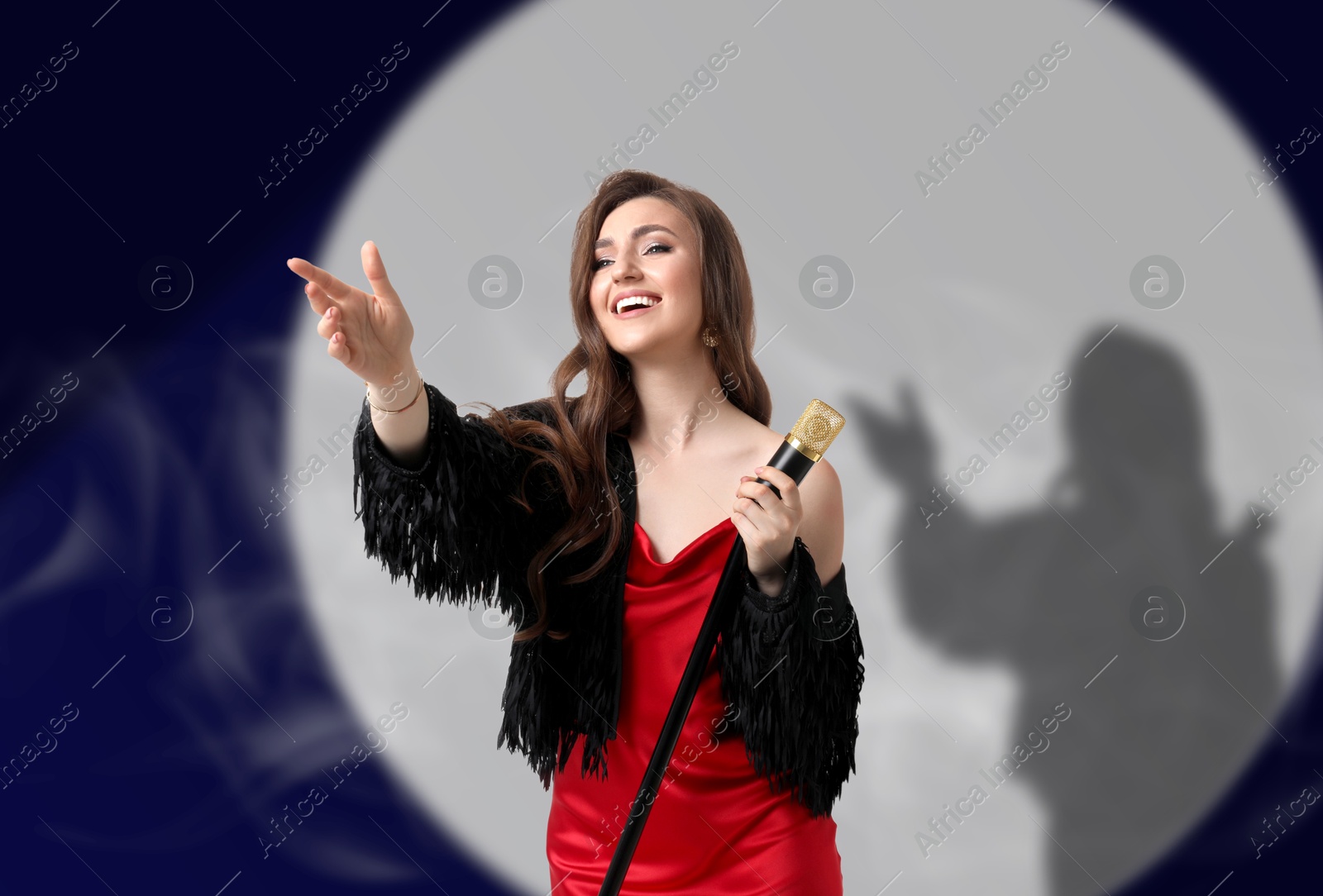 Image of Beautiful singer performing in spotlight on stage