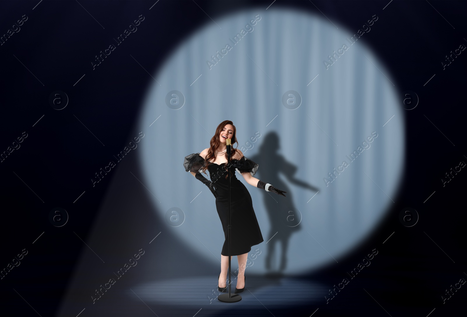 Image of Beautiful singer performing in spotlight on stage